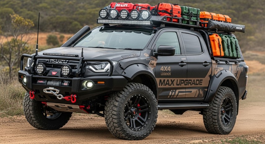 A black Isuzu D-MAX upgraded by 4x4 Legends with a bull bar, winch, and roof-mounted gear for overlanding.